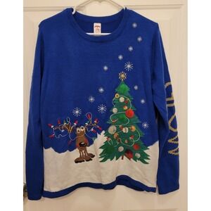 Christmas Sweater Womens XL Blue Reindeer Christmas Tree Embroider sequin LIGHTS